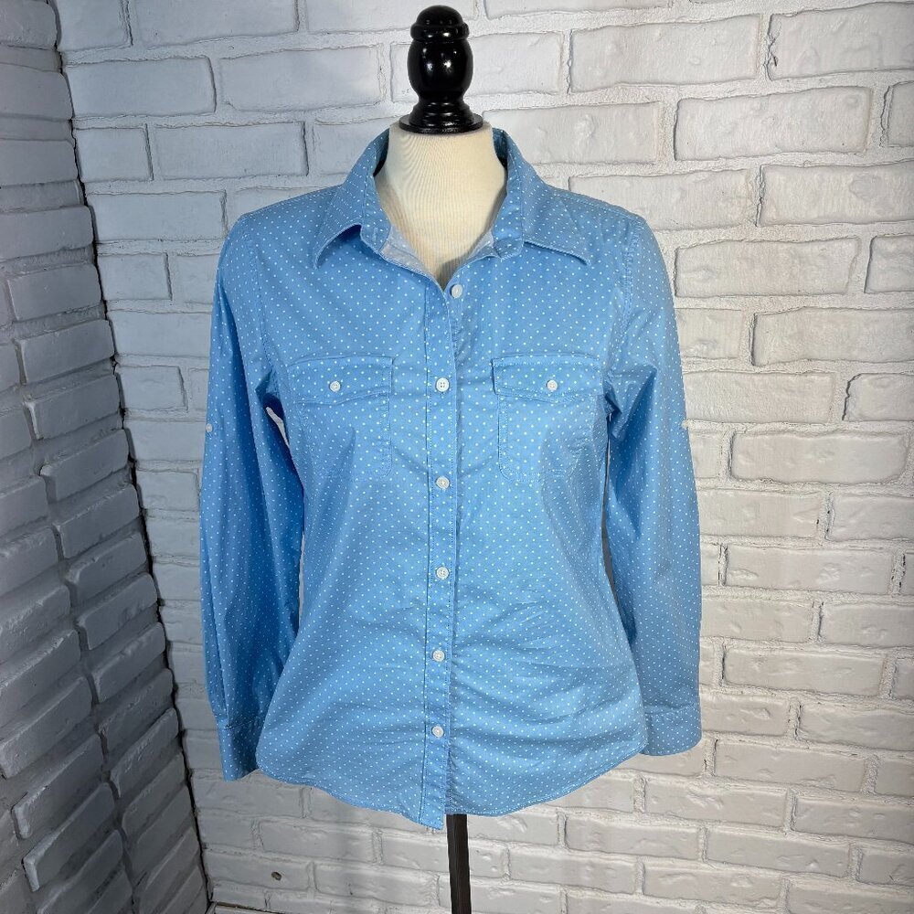 L.L. Bean Ladies Size Medium Regular Blue w/ White Polka Dots Shirt